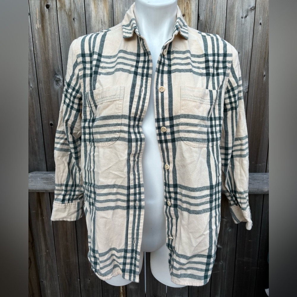 Madewell Cream and Forest Green Plaid Flannel Shirt